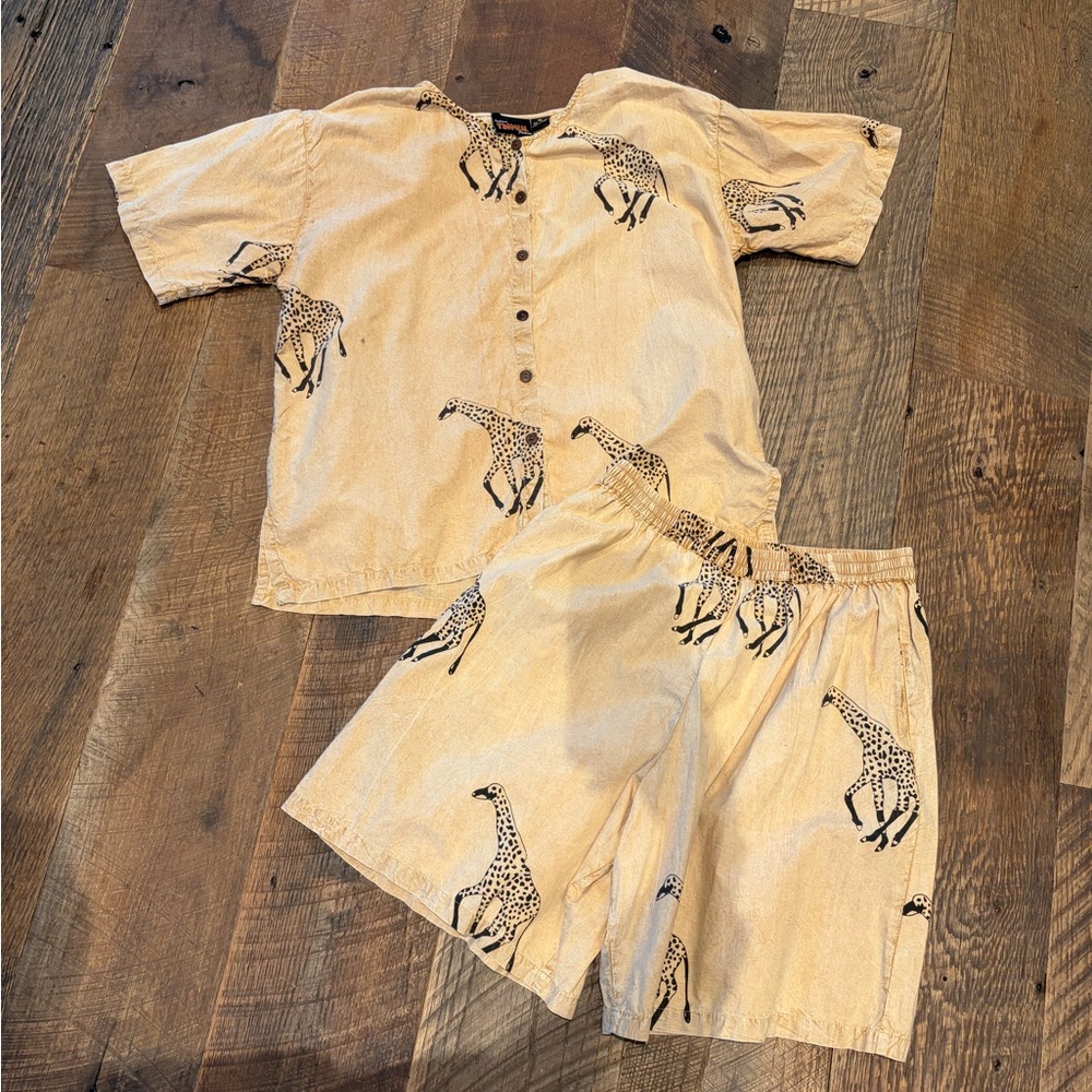 Vintage Giraffe Print Matching Set Safari Boho Resort Top & Shorts XL